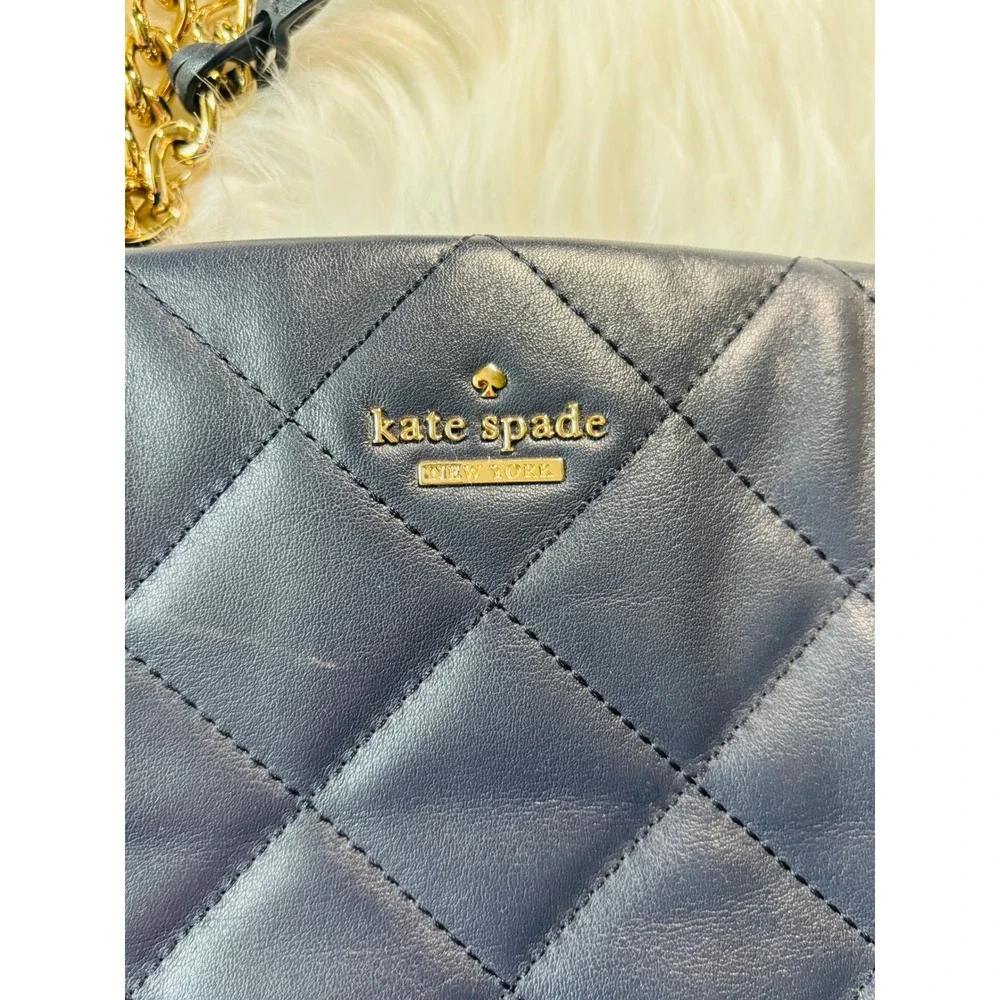 Kate Spade Carey Quilted Leather Tote Womens Navy Blue Gold Chain Shoulder Bag